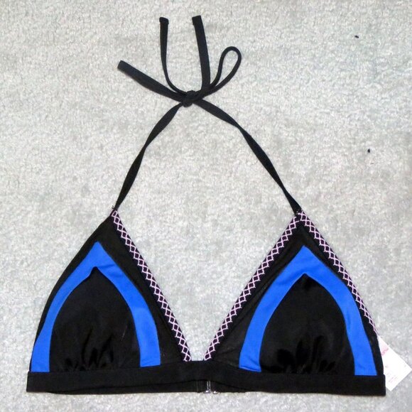Xhilaration Black Triangle String Bikini Top Blue Pink & Mesh Trim Accents - M - Picture 1 of 9
